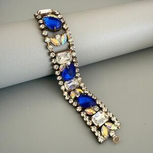 Vintage Husar D Blue White AB Rhinestone Bracelet 6" Cocktail Glam FLAWED READ